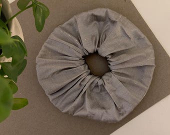 Upcycled Silver Silk Scrunchie, Grey Party Scrunchy, Sustainable Hair Rubber, Washable Hair Accessor, Ethically Boho Accessory