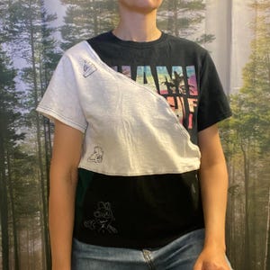 Upcycled Miami T-Shirt, Asymmetrical Reworked Tee, EU Size M, Eco-Friendly Clothing, Retro Inspired Black White Patchwork Top, Eco-Friendly