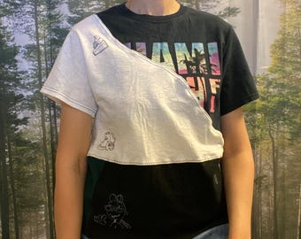 Upcycled Miami T-Shirt, Asymmetrical Reworked Tee, EU Size M, Eco-Friendly Clothing, Retro Inspired Black White Patchwork Top, Eco-Friendly