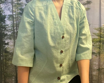 Bluzka z lnianego materiału z recyklingu, przerobiona odzież damska, ekologiczna bluzka, rozmiar EU 40, letnia bluzka w stylu boho, lniana bluzka kimono, odzież damska