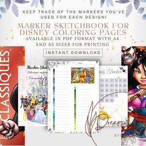 Op de afbeelding: Een verzameling Disney kleurplaten en schetsboeken, beschikbaar in PDF-formaat. De afbeelding bevat een omslag met de tekst "TRÈS GRANDS CLASSIQUES" en "COLORIAGES". De tekst "MARKER SKETCHBOOK FOR DISNEY COLORING PAGES" is ook zichtbaar.