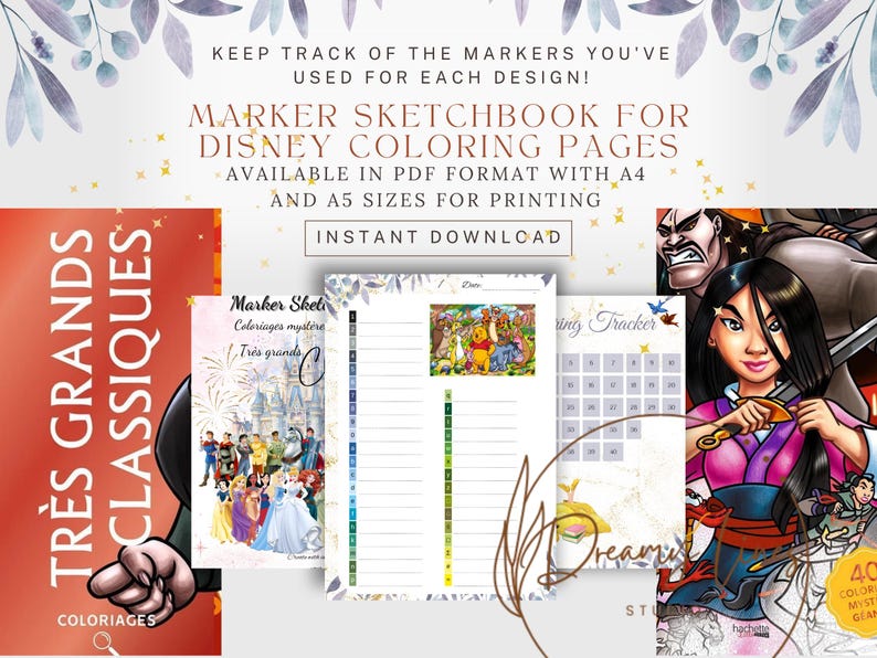 May include: A selection of Disney-themed coloring pages and sketchbooks in PDF format. The image features a cover with the text "TR&Egrave;S GRANDS CLASSIQUES" and "COLORIAGES". The text "MARKER SKETCHBOOK FOR DISNEY COLORING PAGES" is also visible.