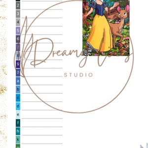 May include: An activity sheet from Dreamy Day Studio, featuring a Snow White illustration with forest animals. The sheet includes numbered lines, a large circle, and floral accents. Text includes "35" and "Date:" at the top.
