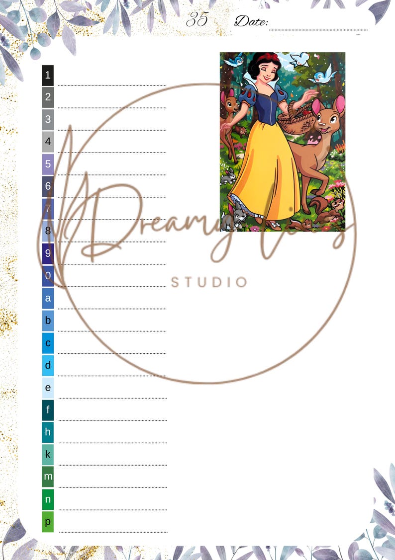 May include: An activity sheet from Dreamy Day Studio, featuring a Snow White illustration with forest animals. The sheet includes numbered lines, a large circle, and floral accents. Text includes "35" and "Date:" at the top.