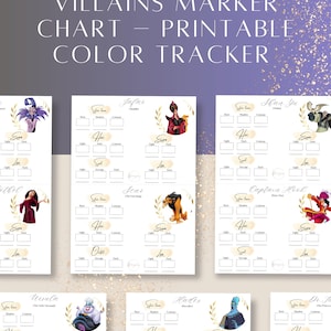 Può includere: Tabella colori stampabile con cattivi Disney, tra cui Jafar, Ursula e Ade. La tabella è progettata per l'uso con pennarelli, con spazi per campioni di colore e nomi dei personaggi. Il titolo recita "Ultimate Villains Marker Chart - Printable Color Tracker."