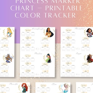 Puede incluir: Tabla de marcadores de princesas imprimible con seguimiento de color para varias princesas de Disney, incluyendo a Alicia, Pocahontas, Mulan, Elsa, y otras. La tabla presenta ilustraciones y muestras de color para el tono de piel, cabello, ojos y labios.