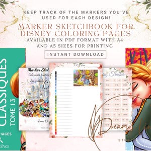 May include: Digital download of a marker sketchbook for Disney coloring pages. The image features several printable pages, including a cover with Disney characters and text that reads "Marker Sketchbook for Disney Coloring Pages". Available in A4 and A5 sizes.
