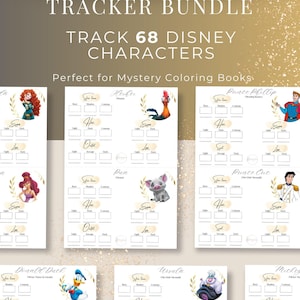 Op de afbeelding: Een digitaal kleurtracker-pakket voor 68 Disney-personages. De pagina's bevatten tekstvelden voor het bijhouden van huid-, haar- en outfitkleuren met vakjes voor lichte, gemiddelde en donkere tinten. Personages zijn onder meer Heihei, Pua en Ursula.