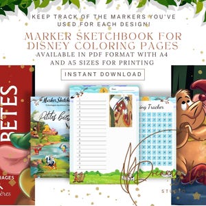 Puede incluir: Una colección de páginas para colorear de Disney y un cuaderno de bocetos para rotuladores. La imagen incluye un libro rojo con el texto "PETITES RETES" y "COLORIAGES mystères". El cuaderno está disponible en formato PDF con tamaños A4 y A5 para imprimir. También se ve el texto "INSTANT DOWNLOAD".