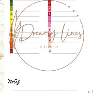 May include: A journal page with a floral border and the text "Dreamy Lines Studio." The page features a colour-coded key, a circular design, and a section for notes. The number 35 is at the top.