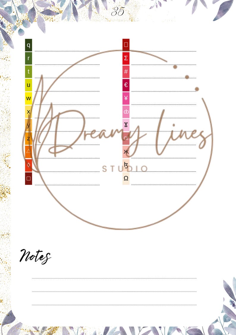 May include: A journal page with a floral border and the text "Dreamy Lines Studio." The page features a colour-coded key, a circular design, and a section for notes. The number 35 is at the top.