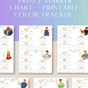 Op de afbeelding: Afdrukbare kleurenvolgkaart met verschillende Disney-prinsen. De kaart bevat ruimtes voor het volgen van huidtint, haar, ogen en andere kenmerken. De titel luidt "Ultimate Prince Marker Chart - Printable Color Tracker."