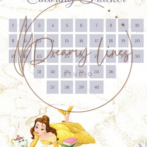 May include: A decorative coloring tracker with the text "Coloring Tracker" and "Dreamy Lines Studio". The design features a cartoon illustration of a woman in a yellow dress reading a book, with a teacup and two birds.