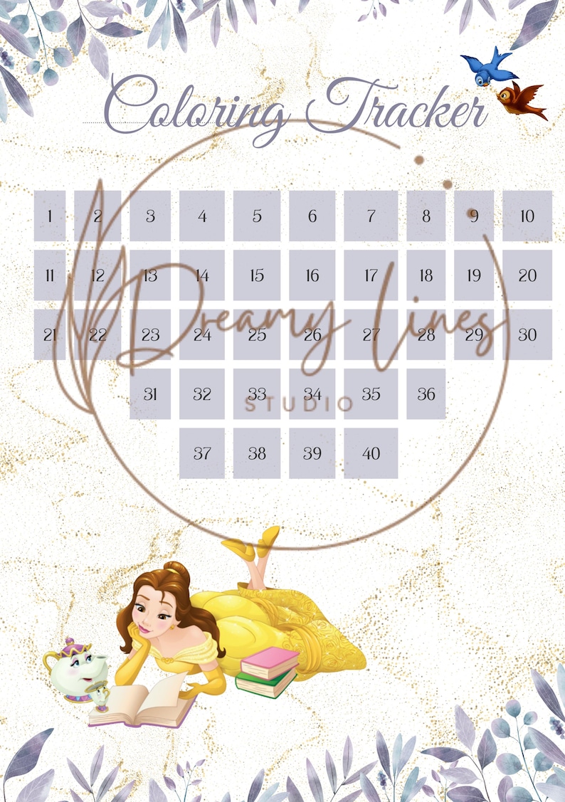 May include: A decorative coloring tracker with the text "Coloring Tracker" and "Dreamy Lines Studio". The design features a cartoon illustration of a woman in a yellow dress reading a book, with a teacup and two birds.