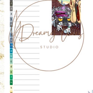 May include: An activity sheet from Dreamy Day Studio with a Dalmatian theme. The sheet features a cartoon image of Cruella De Vil, a purple car, and several Dalmatian puppies. The sheet has numbered lines and a space for the date.