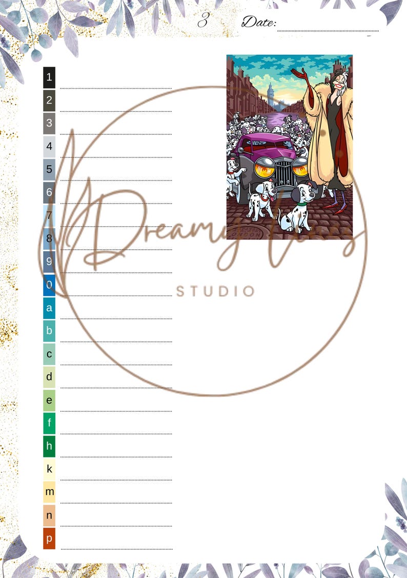 May include: An activity sheet from Dreamy Day Studio with a Dalmatian theme. The sheet features a cartoon image of Cruella De Vil, a purple car, and several Dalmatian puppies. The sheet has numbered lines and a space for the date.