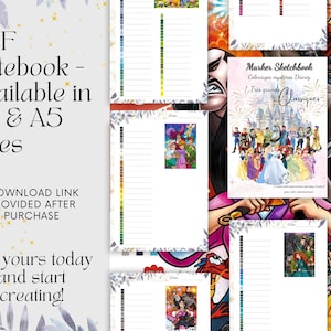 May include: A selection of printable PDF notebooks, available in A4 and A5 sizes. The image showcases Disney-themed coloring pages and sketchbooks. Text includes "PDF Notebook - Available in A4 & A5 Sizes" and "Get yours today and start creating!"