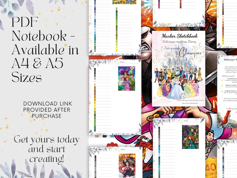 May include: A selection of printable PDF notebooks, available in A4 and A5 sizes. The image showcases Disney-themed coloring pages and sketchbooks. Text includes "PDF Notebook - Available in A4 & A5 Sizes" and "Get yours today and start creating!"