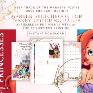 Puede incluir: Presentación de cuadernos de bocetos de marcadores imprimibles para páginas para colorear de Disney. El diseño incluye una portada roja con la palabra "PRINCESSES" en blanco y un dibujo de Ariel. El texto dice "Marker Sketchbook for Disney Coloring Pages" e "Instant Download."