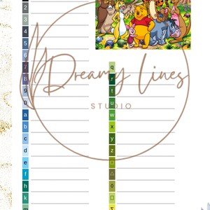May include: An activity sheet from Dreamy Lines Studio featuring a colourful illustration of Winnie the Pooh characters. The sheet includes numbered and lettered lines for writing, with floral and gold decorative elements.