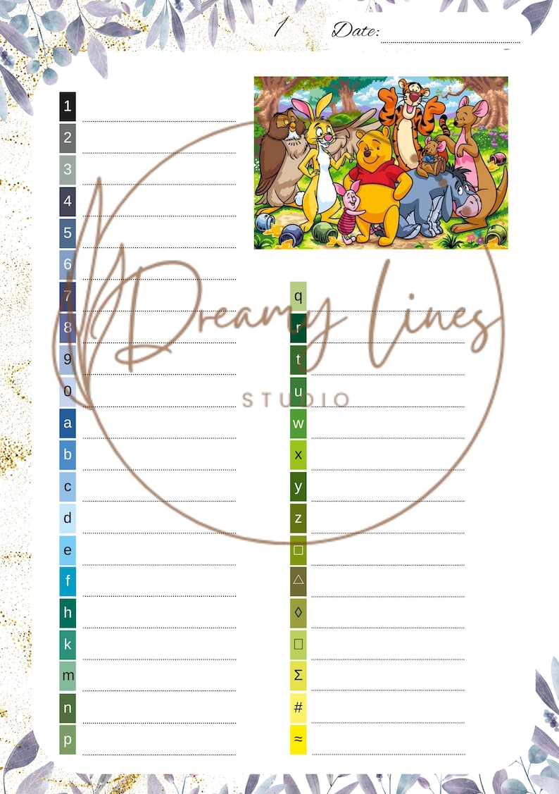 May include: An activity sheet from Dreamy Lines Studio featuring a colourful illustration of Winnie the Pooh characters. The sheet includes numbered and lettered lines for writing, with floral and gold decorative elements.