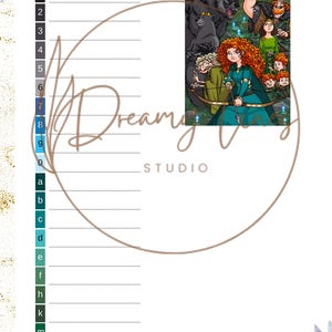 May include: A white game sheet featuring characters from the film Brave. The sheet includes numbered lines, a large circle, and the text "Dreamy Studio". Floral decorations in blue and gold adorn the edges.