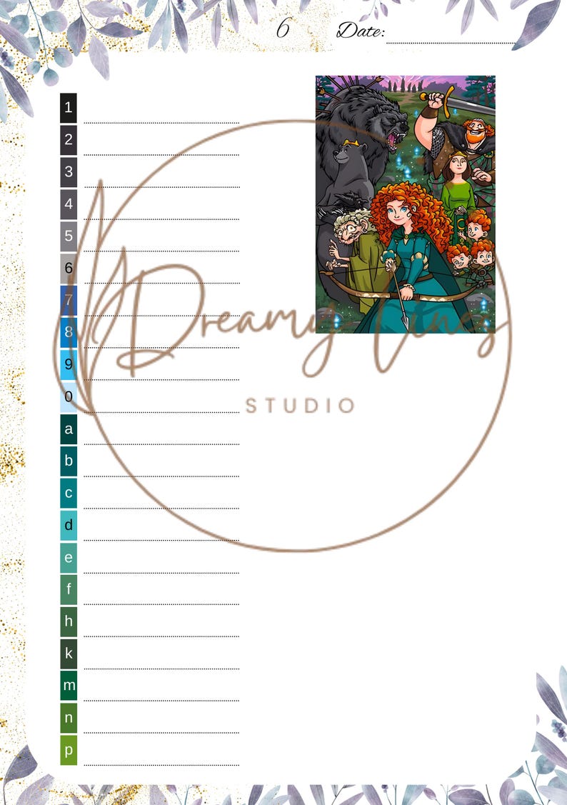 May include: A white game sheet featuring characters from the film Brave. The sheet includes numbered lines, a large circle, and the text "Dreamy Studio". Floral decorations in blue and gold adorn the edges.