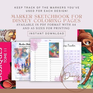 Op de afbeelding: Een printbaar markerschetsboek voor Disney kleurplaten. De omslag heeft een aquarel illustratie van Assepoester's kasteel. Het schetsboek bevat een marker tracker en een pagina om de markers te lijst die voor elk ontwerp zijn gebruikt. De tekst "Markerschetsboek voor Disney kleurplaten" wordt weergegeven in roze en witte letters.