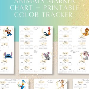 Könnte beinhalten: Druckbare Farbtabelle mit verschiedenen Zeichentrickfiguren, darunter Donald Duck, Stitch und Bambi. Die Tabelle ist für die Verwendung mit Markern konzipiert und enthält Abschnitte für Hautton, Haare, Outfit, Augen und Lippen. Der Titel lautet "Ultimate Animals Marker Chart - Printable Color Tracker."