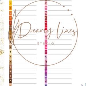 May include: A decorative chart featuring a range of symbols, including currency, mathematical, and musical notations. The white background is adorned with a gold border and floral details. The text "Dreamy Lines STUDIO" is centrally placed within a circular design.