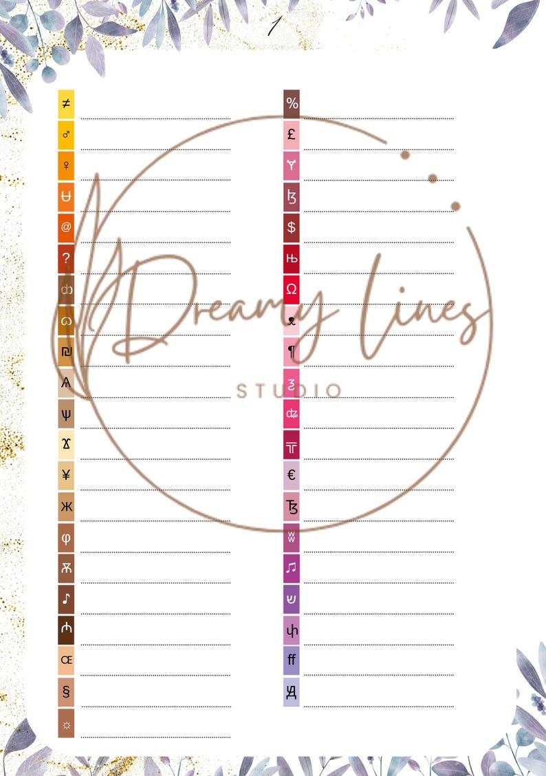 May include: A decorative chart featuring a range of symbols, including currency, mathematical, and musical notations. The white background is adorned with a gold border and floral details. The text "Dreamy Lines STUDIO" is centrally placed within a circular design.