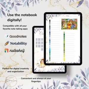 May include: Two digital notebooks with floral designs. One shows a calendar, the other a lined page with a colourful illustration. Text promotes digital note-taking with apps like Goodnotes and Notability. The phrase "Use the notebook digitally!" is also visible.