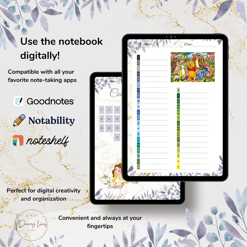 May include: Two digital notebooks with floral designs. One shows a calendar, the other a lined page with a colourful illustration. Text promotes digital note-taking with apps like Goodnotes and Notability. The phrase "Use the notebook digitally!" is also visible.