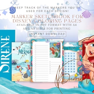 May include: A digital download featuring a marker sketchbook for Disney coloring pages. The image includes covers of "The Little Mermaid" and "La Petite Sirene" with a mermaid illustration. Available in A4 and A5 sizes for printing.