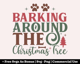 Może przedstawiać: Cyfrowy projekt z tekstem "BARKING AROUND THE Christmas Tree" w kolorze czerwonym, zielonym i brązowym. Projekt zawiera odciski łap, kość i choinkę. Tło jest jasnoróżowe.