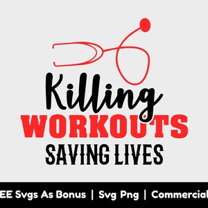 Puede incluir: Diseño gráfico en negro y rojo con un estetoscopio y el texto "Killing Workouts Saving Lives".