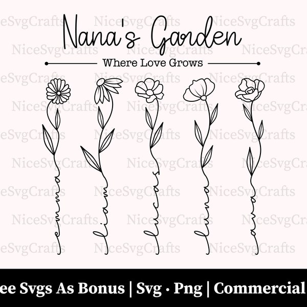 Nanas Garden Where Love Grows Svg, Png Files, Gift for Grandmother Svg, Wildflower Svg, Custom Name Svg, Personalized Svg, Cricut Files