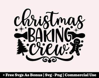 Może przedstawiać: Czarno-biała grafika z napisem "christmas BAKING crew" w fantazyjnej czcionce. Projekt zawiera wałek do ciasta, choinkę, piernikowego ludzika i akcenty gwiazd na jasnoróżowym tle.