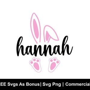 May include: A black and white graphic design of the name "hannah" with pink bunny ears and paw prints.