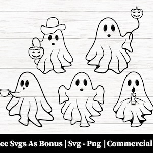Op de afbeelding: Vijf zwart-witte illustraties van geesten. Eén geest draagt een hoed en houdt een jack-o-lantern vast. Een andere geest houdt een kaars vast. Nog een geest houdt een kopje vast. Twee geesten houden niets vast.