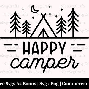 Puede incluir: Diseño de arte de línea en blanco y negro de una tienda de campaña, árboles y una luna creciente con estrellas. El texto "HAPPY camper" está escrito debajo del diseño.