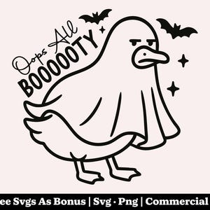 May include: A black and white Halloween-themed graphic featuring a duck wearing a ghost costume. The text "Oops All BOOOOOTY" is above the duck. Bats and stars are also included in the design. The image is on a light pink background.
