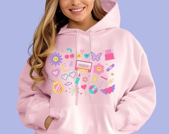 Y2K Hoodie, Retro 90's Inspired Hooded Sweatshirt, Flowers, Hearts And Smiley Faces Graphic, Girly Coquette Sweater