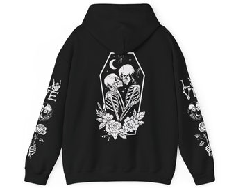 The Lovers Skeleton Hoodie, Gothic Skull And Roses Sweatshirt, Heavy Blend Hooded, Halloween Skeleton Sweatshirt, Romantic Skull Rose