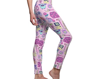 80s and 90s Retro Toys Print, Childhood Nostalgia Women's Fashion, Vintage Leggings, Casual Pants, Throwback Accessories Apparel,