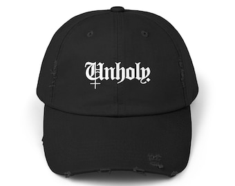 Gothic Cap, Unholy Hat, Unisex Hat, Distressed Baseball Cap, Alternative Headwear, Vintage Style, Halloween Costume Accessory