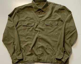 VTG 50s 60s Olive Green Military Atomic Mod Gabardine Rockabilly Button Shirt