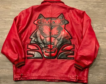 Rare Vintage 90s Avirex Wolf Red Leather Bomber Varsity Flight Hip Hop Jacket