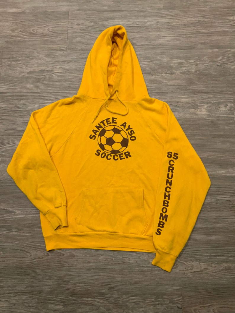 Vintage 80s 1985 Soccer Crunchbombs Raglan Worn Yellow Sweatshirt Hoodie image 1