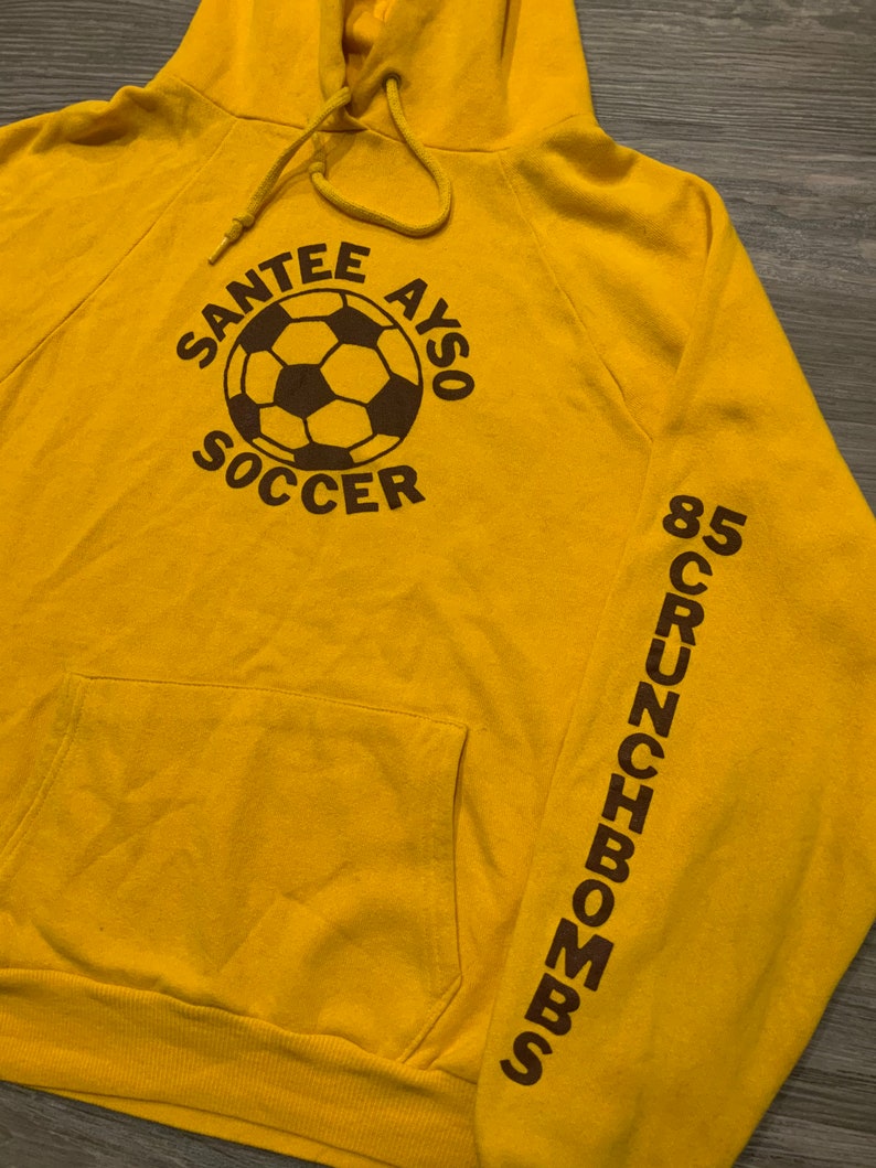 Vintage 80s 1985 Soccer Crunchbombs Raglan Worn Yellow Sweatshirt Hoodie image 4
